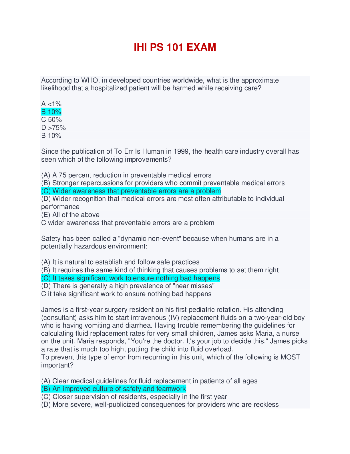 Preview of IHI PS 101 EXAM - QUESTIONS AND ANSWERS